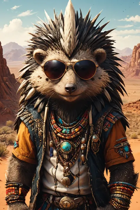 Detailed digital portrait of an anthro Porcupine (Wearing sunglasses, radiating cool confidence) at a Desert planet with nomadic tribes, <lora:xl_more_art-full_v1:0.5>,  <lora:The_Crazy_Style:0.7> <lora:anthro_muscular:0.7>