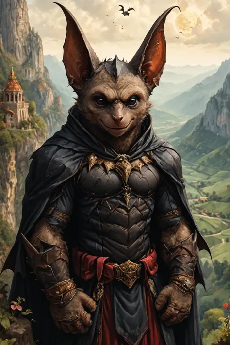 a close up of a bat with a cape on standing in front of a mountain