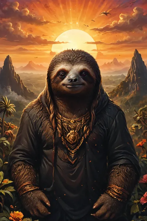 Detailed digital portrait of an anthro Sloth (Silhouetted against the sunset, dramatic backdrop) at a Collective consciousness t...