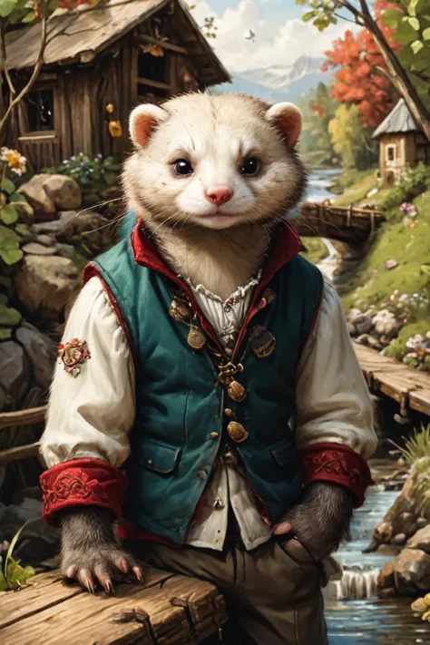 Portrait numérique détaillé d'un furet anthropomorphe sur un pont en bois au-dessus d'un ruisseau paisible, 