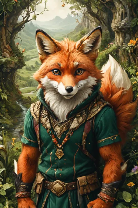 a close up of a fox dressed in a green outfit