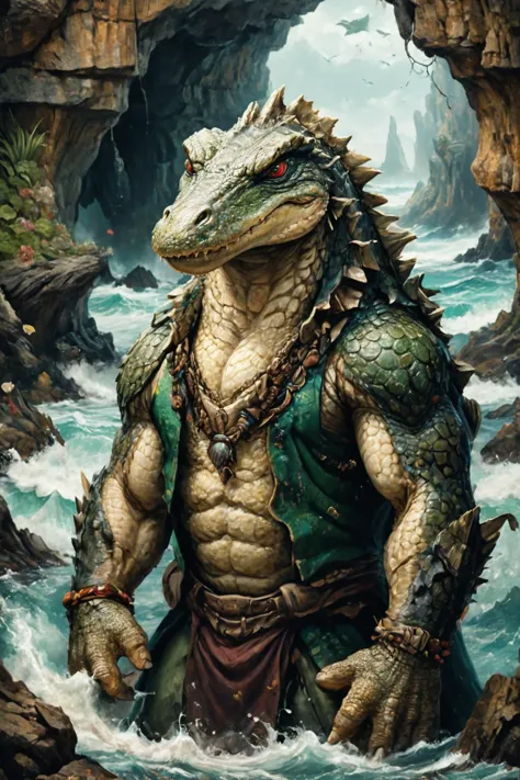 Detailed digital portrait of an anthro Crocodile at a Rocky sea cave with crashing waves, <lora:xl_more_art-full_v1:0.5>,  <lora:The_Crazy_Style:0.7> <lora:anthro_muscular:0.7>