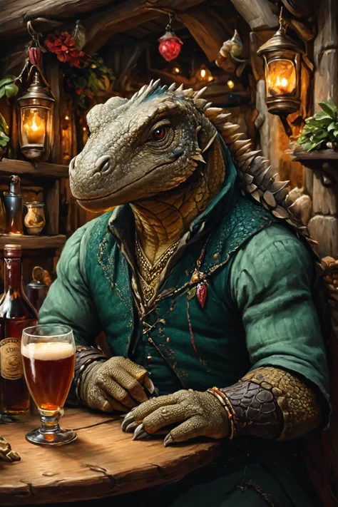 lizard in a green shirt sitting at a table with a glass of beer