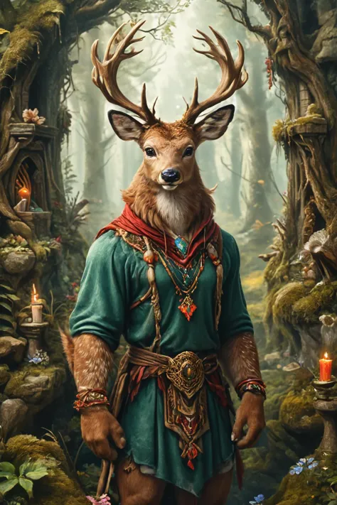 Detailed digital portrait of an anthro Deer at a Hidden forest shrine with mystical aura, <lora:xl_more_art-full_v1:0.5>,  <lora...