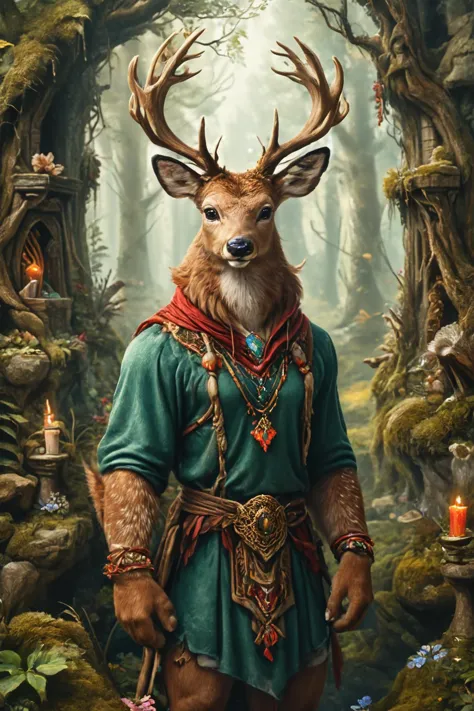 Portrait numérique détaillé d&#39;un cerf anthro dans un sanctuaire forestier caché avec une aura mystique, 