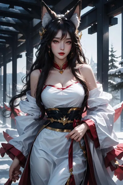 face lighting,bright backlight,super high resolution,best quality,Photos,4k,(Realistic:1.2),ali,1 girl,smile,cosplay,ahri (league of legends),mischievous,look at the audience,(medium chest:1.1),kyuubi,long ears,green eyes,(long wavy hair:1.2),white and gold headdress,qipao dress in red and gold,red and gold bracelets,(duowei:1.1),