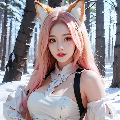 <lora:ali_07:0.8>,face lighting,bright backlight,medium breasts,super high resolution,best quality,Photos,4k,(Realistic:1.2),ali,1girl,fox ears,kind_smile,looking_at_viewer,cinematic_angle,beard mark,((detailed beautiful snow forest with trees)), ((snowflakes)), floating,