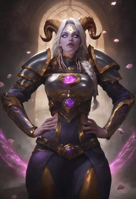 a woman in armor with a purple light on her chest