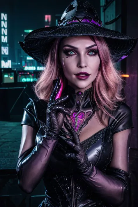 professional photo of (vampire sorceress clad in intricate dark sorceress dress with latex gloves and pointy hat:1.3), (perfect ...