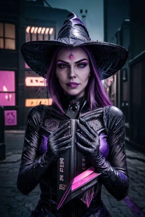 foto profissional de (eldritch witch clad in Intrincado dark witch dress with latex gloves and pointy witch hat:1.3), (Rosto Perfeito, rosto bonito, rosto simétrico:1.3), (cidade cyberpunk roxa néon, fundo de cidade cyberpunk rosa neon, Intrincado detailed background:1.3), (batom, sombra, mascara, Intrincado makeup:1.2), (holding Intrincado arcane book), (roupas translúcidas e brilhantes, tecido de látex oleoso brilhante:1.1),
(foto ultra grande angular, estilo cinematográfico, Foto CRU, fotorrealista, absurdos, incredibly absurdos, tamanho de arquivo enorme, textura de alta qualidade, iluminação cinematográfica, renderização baseada fisicamente, Rastreamento de raio, fotorrealista, renderização de octanagem, foco nitído, (8K), (4K), (obra de arte), (melhor qualidade), (textura de pele realista), extremamente detalhado, Intrincado, hiper detalhado, Alta resolução, detalhe nítido)