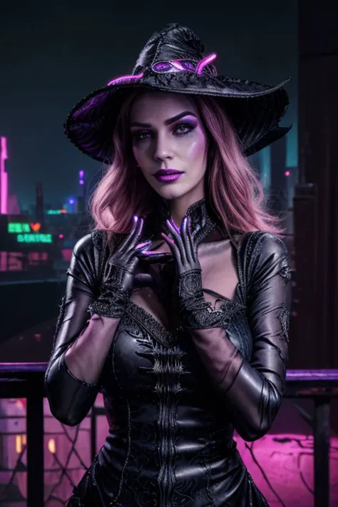 professional photo of (Lovecraftian sorceress clad in intricate dark sorceress dress with latex gloves and pointy hat:1.3), (perfect face, beautiful face, symmetric face:1.3), (neon purple cyberpunk city, neon pink cyberpunk city background, intricate detailed background:1.3), (lipstick, eyeshadow, mascara, intricate makeup:1.2), (holding Necronomicon:1.3), (shiny glossy translucent clothing, gleaming oily latex fabric:1.1),
(ultra wide angle shot, cinematic style, RAW photo, photo-realistic, absurdres, incredibly absurdres, huge filesize, High quality texture, Cinematic Lighting, physically-based rendering, Ray tracing, photorealistic, octane render, sharp focus, (8k), (4k), (Masterpiece), (Best Quality), (realistic skin texture), extremely detailed, intricate, hyper detailed, high resolution, sharp detail)