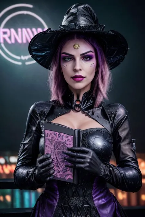 foto profissional de (eldritch witch clad in Intrincado dark witch dress with latex gloves and pointy witch hat:1.3), (Rosto Perfeito, rosto bonito, rosto simétrico:1.3), (cidade cyberpunk roxa néon, fundo de cidade cyberpunk rosa neon, Intrincado detailed background:1.3), (batom, sombra, mascara, Intrincado makeup:1.2), (holding Intrincado arcane book), (roupas translúcidas e brilhantes, tecido de látex oleoso brilhante:1.1),
(foto ultra grande angular, estilo cinematográfico, Foto CRU, fotorrealista, absurdos, incredibly absurdos, tamanho de arquivo enorme, textura de alta qualidade, iluminação cinematográfica, renderização baseada fisicamente, Rastreamento de raio, fotorrealista, renderização de octanagem, foco nitído, (8K), (4K), (obra de arte), (melhor qualidade), (textura de pele realista), extremamente detalhado, Intrincado, hiper detalhado, Alta resolução, detalhe nítido)