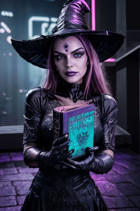 professional photo of (corrupted witch clad in intricate dark witch dress with latex gloves and pointy witch hat:1.3), (perfect ...