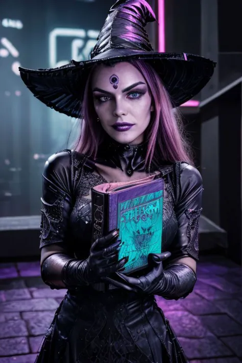 foto profissional de (corrupted witch clad in Intrincado dark witch dress with latex gloves and pointy witch hat:1.3), (Rosto Perfeito, rosto bonito, rosto simétrico:1.3), (cidade cyberpunk roxa néon, fundo de cidade cyberpunk rosa neon, Intrincado detailed background:1.3), (batom, sombra, mascara, Intrincado makeup:1.2), (holding Intrincado arcane book), (roupas translúcidas e brilhantes, tecido de látex oleoso brilhante:1.1),
(foto ultra grande angular, estilo cinematográfico, Foto CRU, fotorrealista, absurdos, incredibly absurdos, tamanho de arquivo enorme, textura de alta qualidade, iluminação cinematográfica, renderização baseada fisicamente, Rastreamento de raio, fotorrealista, renderização de octanagem, foco nitído, (8K), (4K), (obra de arte), (melhor qualidade), (textura de pele realista), extremamente detalhado, Intrincado, hiper detalhado, Alta resolução, detalhe nítido)