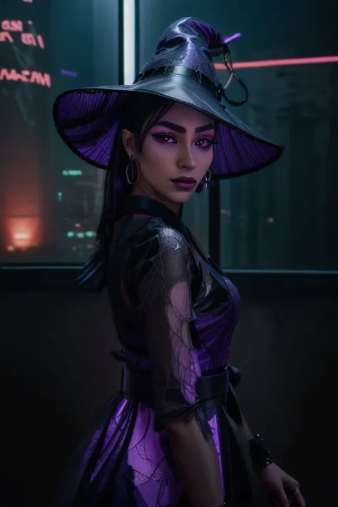 professional detailed photo of (beautiful Asian witch:1.3) wearing (glossy intricate black witch gown, pointy witch hat, satchel:1.4) and (neon purple earrings, neon purple belt, glowing neon cyberpunk bracelet:1.4), (shiny glossy translucent clothing, gleaming oily fabric:1.1), (perfect face, pretty face, symmetric face), (long pastel hair), (holding tablet, tattoos:1), (dark lipstick, dark eyeshadow, mascara, makeup:1.3),  
(in a small dimly lit alchemist laboratory with the bright neon city visible through the window, moody:1.2),
ultra wide angle shot, cinematic style, 8k, RAW photo, photo-realistic, masterpiece, best quality, absurdres, incredibly absurdres, huge filesize, extremely detailed, High quality texture, Cinematic Lighting, physically-based rendering, Ray tracing, photorealistic, octane render, best quality, looking at viewer, looking down, sharp focus, (8k), (4k), (Masterpiece), (Best Quality), (realistic skin texture), extremely detailed, intricate, hyper detailed, illustration, soft lighting, high resolution, sharp detail,