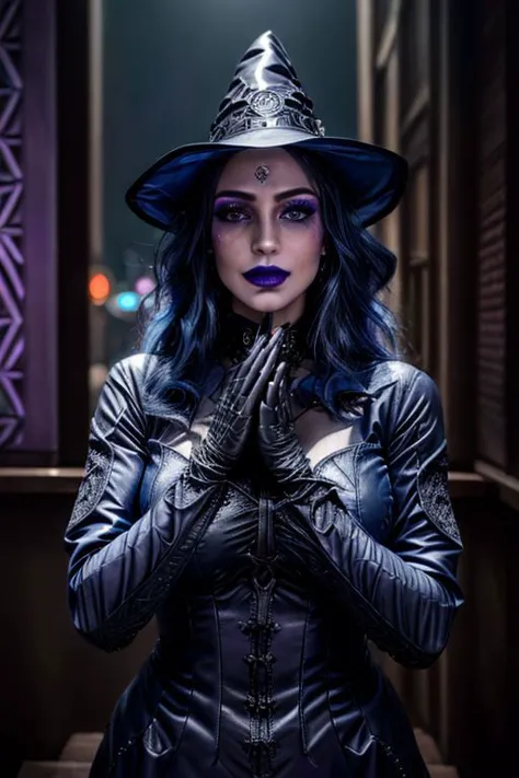 professional photo of (fantasy witch clad in intricate glossy dark blue witch suit with latex gloves:1.2) inside a (neon purple ...