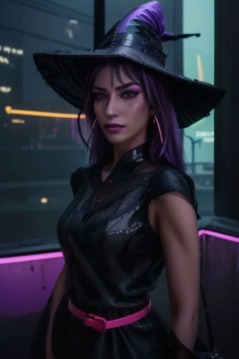 professional detailed photo of (beautiful Asian witch:1.3) wearing (glossy intricate black witch gown, pointy witch hat, satchel...