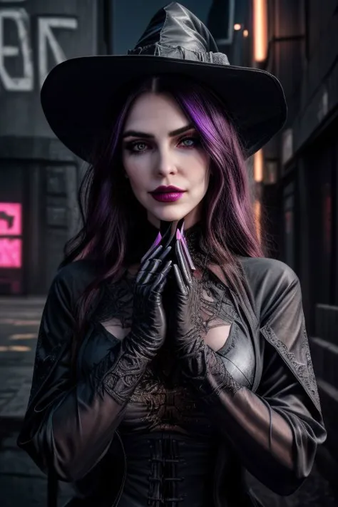 vmpr, professional photo of (Lovecraftian eldritch sorceress clad in intricate black witch robe with latex gloves and pointy hat...