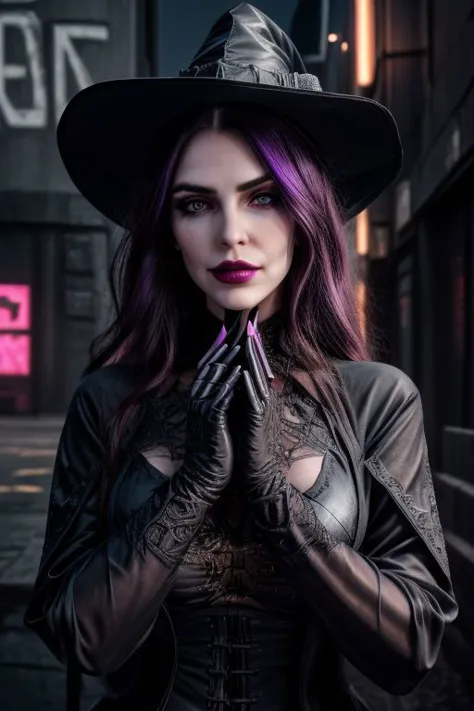 vmpr, professional photo of (Lovecraftian eldritch sorceress clad in intricate black witch robe with latex gloves and pointy hat:1.3), (perfect face, beautiful face, symmetric face:1.3), (neon purple cyberpunk city, neon pink cyberpunk city background, intricate detailed background:1.3), (lipstick, eyeshadow, mascara, intricate makeup:1.2), (holding intricate evil book:1.3), (shiny glossy translucent clothing, gleaming oily satin fabric:1.1),
(ultra wide angle shot, cinematic style, RAW photo, photo-realistic, absurdres, incredibly absurdres, huge filesize, High quality texture, Cinematic Lighting, physically-based rendering, Ray tracing, photorealistic, octane render, sharp focus, (8k), (4k), (Masterpiece), (Best Quality), (realistic skin texture), extremely detailed, intricate, hyper detailed, high resolution, sharp detail)