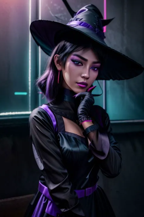 professional detailed photo of (beautiful Asian witch:1.3) wearing (intricate satin black witch gown, pointy witch hat, long glo...