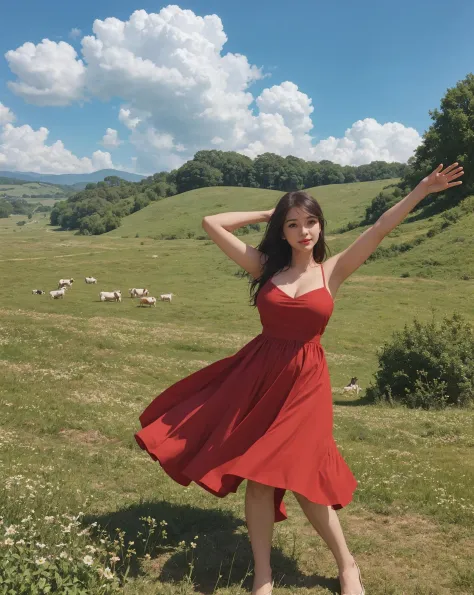 busty woman in cute summer red dress, dance in tall green grass, green grassland, blue sky, spring season, creek, cows, cloud on...
