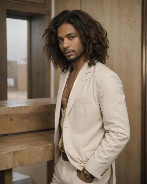 african guy, curly hair, 1980s style, beige tuxedo, standing, realistic, gold watch, beard