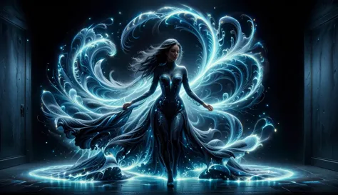 a woman in a long dress standing in a dark room with a glowing swirl