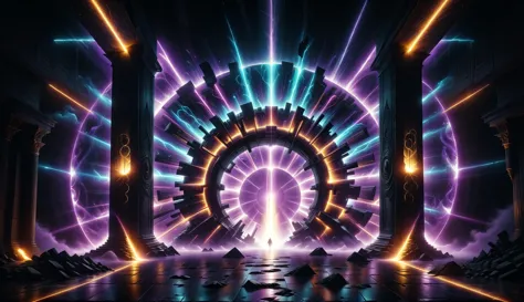 Alien-themed (((Ultra-detailed, Hyper-realistic, 8k, highres, masterpiece)))A singular entity castin shadow and silhouette,in front of a gigantic dimensional portal,the neon vortex pulsating with energy and mysteries,2 large ornate pillars either side,with runic symbols carved and etches into their black obsidian face,a bio-luminecance waterwall cascading down,as the void calls to you to delve deeper. The singularity radiating light around the room,casting a strange glow,<lora:add-detail-xl:1>,Details++,<lora:Concept - Shadowmancer:0.6>,shad0wmancer,ink,(swirling black ink),<lora:GlowingRunesAIv4:1>,GlowingRunes_red,GlowingRunes_paleblue,GlowingRunes_green,GlowingRunes_purple,GlowingRunes_yellow,GlowingRunes_pink,<lora:spotlight:0.8>,silhouette,spotlight,dark theme,<lora:destruction_XL:0.8>,ruined,collapsed,flooded,desolate,disrepair,<lora:akirabikev0.2:0.8>,akirabike,<lora:ral-sprnva:0.8>, ral-sprnva, . Extraterrestrial, cosmic, otherworldly, mysterious, sci-fi, highly detailed