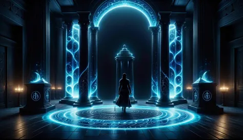 cinematic film still (((Ultra-detailed, Hyper-realistic, 8k, highres, masterpiece)))A singular entity bathed in shadow and silhouette,in front of a Gigantic dimensional portal,pulsating with energy and mysteries,2 large intricate pillars either side,with runic symbols carved and etches into their black obsidian face. Light emanating from the singularity created,lighting the room with dancing shadows.,<lora:add-detail-xl:1>,Details++,<lora:Biol:0.7>,ais-blmn,<lora:Concept - Shadowmancer:0.6>,shad0wmancer,ink,(swirling black ink),<lora:GlowingRunesAIv4:1>,GlowingRunes_red,GlowingRunes_paleblue,GlowingRunes_green,GlowingRunes_purple,GlowingRunes_yellow,GlowingRunes_pink,<lora:spotlight:0.8>, silhouette,spotlight,dark theme, . shallow depth of field, vignette, highly detailed, high budget, bokeh, cinemascope, moody, epic, gorgeous, film grain, grainy