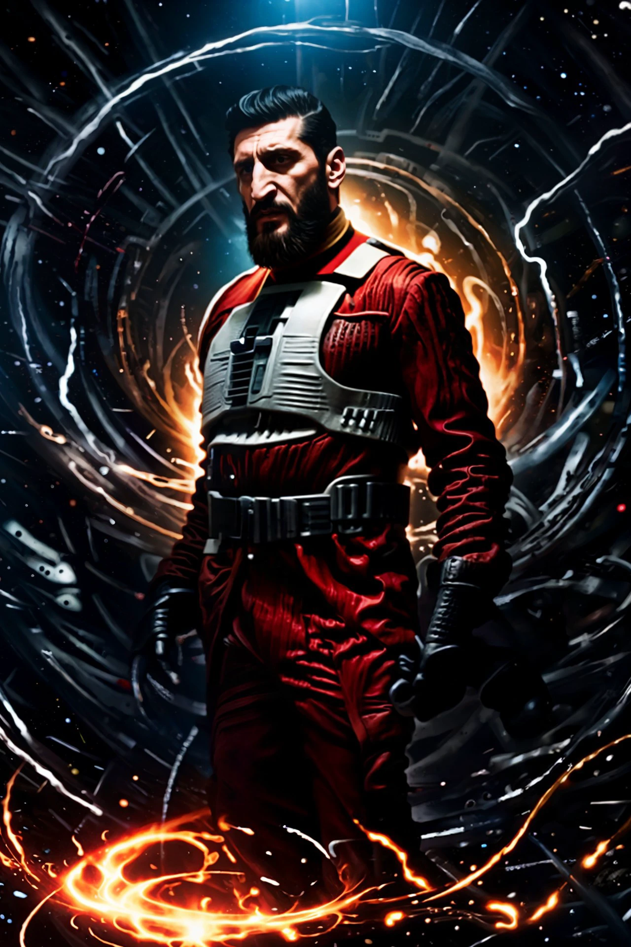 (Fares Fares:1.2) a man with a (slicked-back hair:1.3) wearing a rebel pilot suit, dark space, bright stars, (full:1.2) long (squarish:1.2) big (beard:1.2), devilish (confident looking down:1.2), (a shad0wmancer circle of swirling black ink magic filament thread:1.1) is around his body, 4k uhd, dslr, soft light, high quality, Fujifilm XT3  