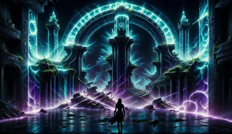 Alien-themed (((Ultra-detailed, Hyper-realistic, 8k, highres, masterpiece)))A singular entity cast in shadow and silhouette in front of a gigantic dimensional gateway,the neon vortex pulsating with energy and mysteries,large ornate pillars either side,with runic symbols carved and etches into their black obsidian face,a bio-luminecance waterwall cascading down as the void calls to you to delve deeper. The singularity radiating light around the room casting a strange glow,a low level mist surrounds the air,<lora:add-detail-xl:1>,Details++,<lora:Concept - Shadowmancer:0.6>,shad0wmancer,ink,(swirling purple ink),<lora:GlowingRunesAIv4:1>,GlowingRunes_red,GlowingRunes_paleblue,GlowingRunes_green,GlowingRunes_purple,GlowingRunes_yellow,GlowingRunes_pink,<lora:spotlight:0.8>,silhouette,spotlight,dark theme,<lora:destruction_XL:0.8>,ruined,collapsed,flooded,desolate,disrepair,<lora:akirabikev0.2:0.8>,akirabike,<lora:Biol:0.8>,ais-blmn,<lora:ral-dissolve:0.5>,ral-dissolve, . Extraterrestrial, cosmic, otherworldly, mysterious, sci-fi, highly detailed