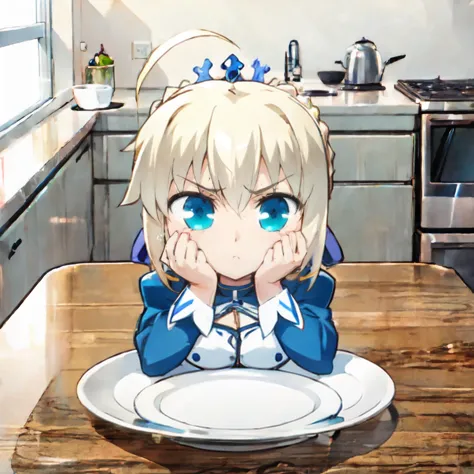 anime girl sitting at a table with a plate of food