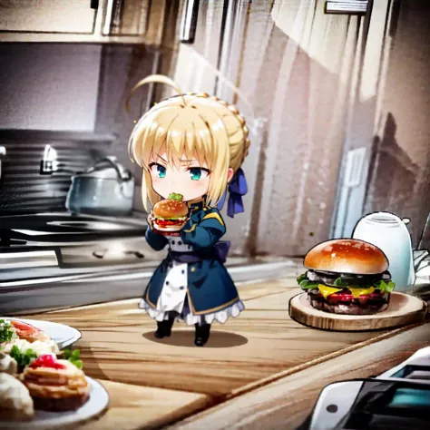 anime character holding a hamburger and a plate of food on a kitchen counter