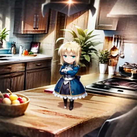 1girl, minigirl, kitchen counter, kitchen, standing, artoria pendragon \(fate\), chibi <lora:saber_v1:0.7> <lora:yuzusoft-chibiV2:0.5> <lora:minigirl:0.5>, fruit bowl, looking at viewer, angry, crossed arms