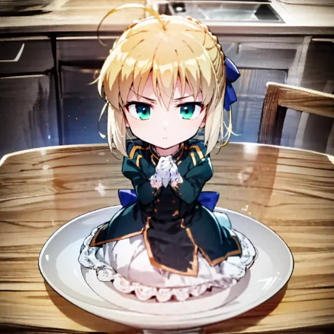 1girl, minigirl, kitchen counter, kitchen, sitting, empty dinner plate, looking at viewer, waiting, artoria pendragon \(fate\), chibi <lora:saber_v1:0.7> <lora:yuzusoft-chibiV2:0.5> <lora:minigirl:0.5>, surprised, hands on own face