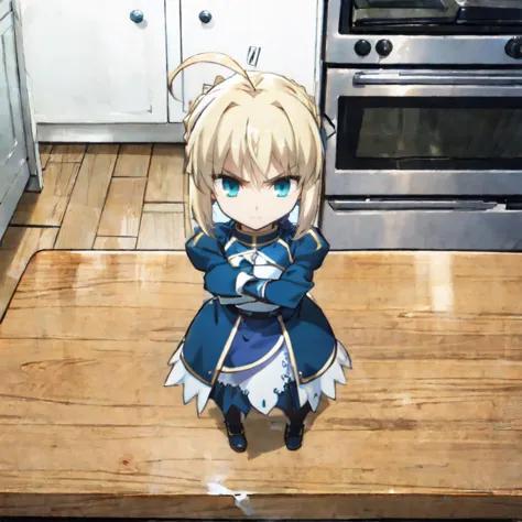 1girl, minigirl, kitchen counter, kitchen, standing, artoria pendragon \(fate\), chibi <lora:saber_v1:0.7> <lora:yuzusoft-chibiV2:0.5> <lora:minigirl:0.5>, fruit bowl, looking at viewer, angry, crossed arms