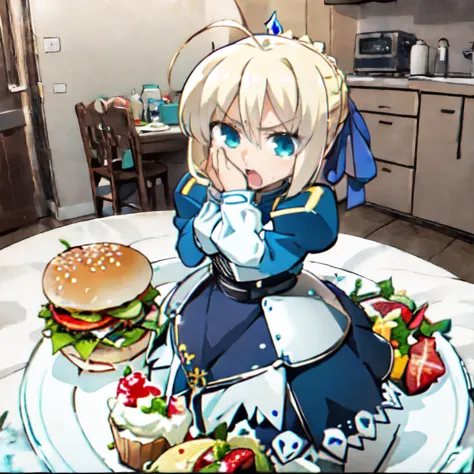 anime character sitting on a plate with a hamburger and a cup of tea