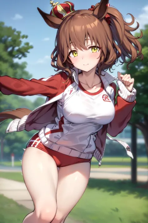 masterpiece, best quality,
aston machan \(umamusume\),
running, red hat crown,
gym uniform, red buruma, white shirt, collarbone, track jacket, open jacket
<lora:aston_machan_lora:0.8>