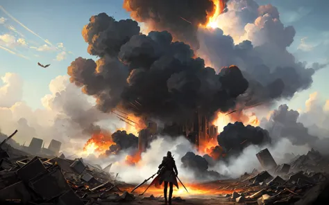 a person standing in front of a huge explosion of smoke