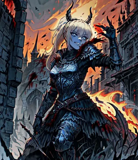 a woman in armor standing in front of a castle with flames