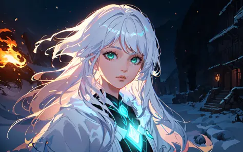 (beautiful young woman pyrokinetic:1.2), (in a dark fantasy ancient village at the winter cold north:1.15), ("emerald green eyes, long white silky loose flowing hair, sharp chin, feminine face":1.17), (dark fantasy art:1.1), (splash art:1.1), (2.5d:1.2), (digital art:1.18), (digital illustration:1.18), (Cinematic Lighting:1.11), (Cowboy Shot:1.13), (masterpiece:1.2), (best quality:1.2), 8k, HDR