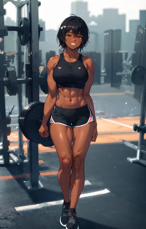 (outside:1.5), cinematic, depth of field, blurry background, light particles, (heart particles:1.2)
upper body, full body, a slightly dark skin girl, tomboy, standing, defined physique, thick thighs, broad shoulders
wearing black and very tight gym clothing,(black gym crop top and black gym shorts:1.2), sleeveless
cute face, (smiling:1.1),
(sparkling golden eyes), looking at viewer
(black short buzzcut hair:1.1), (black hair:1.4), (buzzcut:1.5)
 (splash art:1.1), (2.5d:1.2), (digital art:1.18), (digital illustration:1.18), (Cinematic Lighting:1.11), (light particles:1.1), (Cowboy Shot:1.13), (masterpiece:1.2), (best quality:1.2), 8k, HDR <lora:bf34ArtsStyleLoraBeta_v10:0.6>