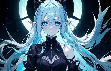 (1 girl:1.2), (digital illustration:1.1), sharp elf ears, (matte medium-long strands of cobalt blue hair:1.22), pale perfect skin, (extremely detailed celadon eyes:1.15), dark and gloomy, (sinners and devils:1.18), solo, (wearing dark nu-gothic fashion with translucent black dress edges:1.2), (silk-like black bandages on arms:1.17), yandere, night time with expansive stars in the sky and the aurora australis, (digital art:1.17), (anime art syle:1.22), Dark Mode, Tones of Black in Background, (low saturation:1.1), low contrast, Halfrear Lighting, (Rembrandt Lighting:1.15), Incandescent, matte grading, cinematic angle