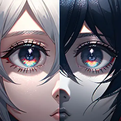 side-by-side, close-up, style of 1999 anime thumbnail, holding sword vertically over eye, (reflection), 2girls, ((absurd res)), extremely detailed eyes, 8k, perspective, octane render