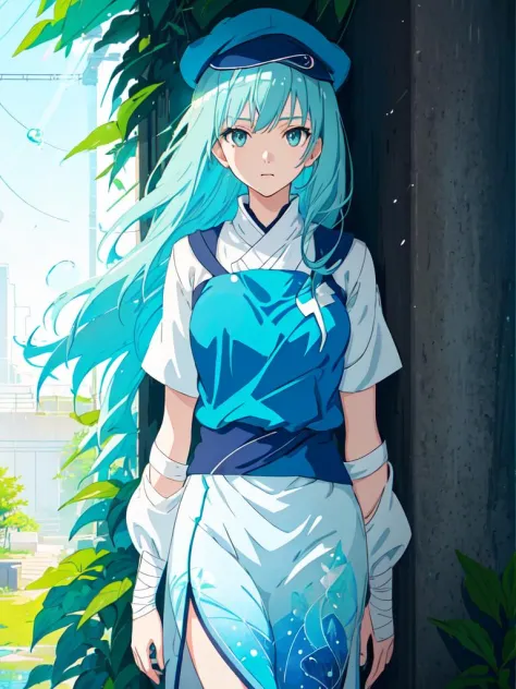 <lora:epiNoiseoffset_v2:1>, blue_hair anime girl with a green plant behind her, Tatsuro Kiuchi, raining, wet_hair, sunbeam, sunlight, water_bubbles, water, Grzegorz Rutkowski, ((Vogue, Magazine Cover:0.25)), ((best quality)), ((masterpiece)), ((ultra-detailed)),((official art)),(an extremely delicate and beautiful), (beautiful detailed eyes),1girl, wearing sarashi on chest:1.3), (chest bandages:1.3, bandages covering breasts, wearing a cap, wall covered in graffiti art, dynamic colours, vibrant colours, depth of field, natural scenery, spring leaves, god rays, dynamic lighting