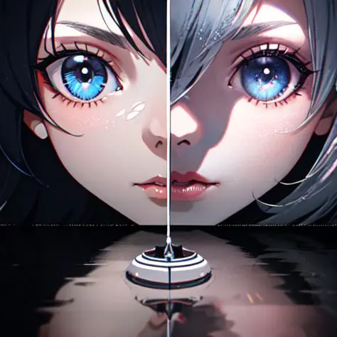 side-by-side, close-up, style of 1999 anime thumbnail, holding sword vertically over eye, (reflection), 2girls, ((absurd res)), extremely detailed eyes, 8k, perspective, octane render