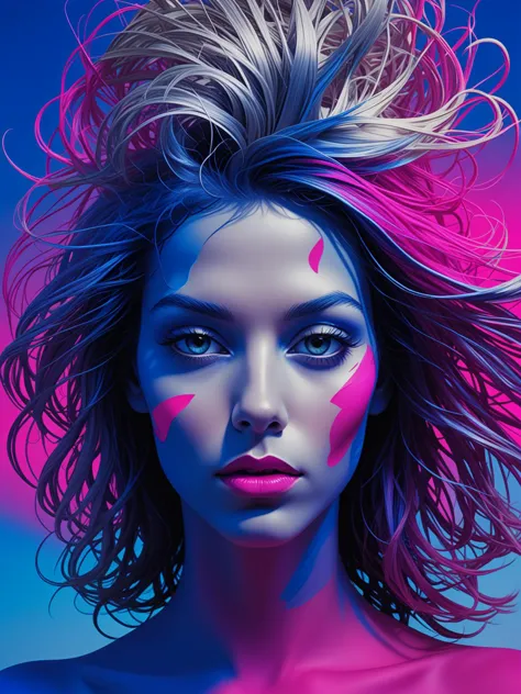 a close up of a woman with pink and blue makeup