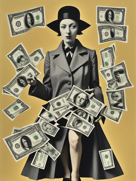 a woman in a hat and coat holding a bunch of money