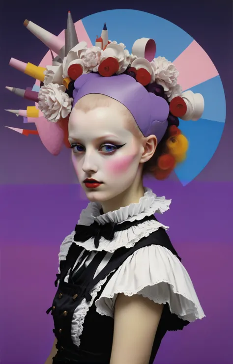 Pastel Goth aesthetic, colorful surreal collage, photography dadaism art by Raoul Hausmann and Walter Serner and Serge Charchoune, deconstructed profile portrait of a young and stunning Estonian French Maid from a ridley scott movie. piercing purple eyes, soft smile, wearing a French Maid outfit, bold makeup, glossy lips, detailed face, stunning beauty. (silhouette lighting), (rembrandt lighting), dark, highly detailed, insane details, hazy, abstract background <lora:DeconDada:1.4> deda style, Maximum yellow, Cadmium-Red, Blood red, Quinacridone-Blue colors