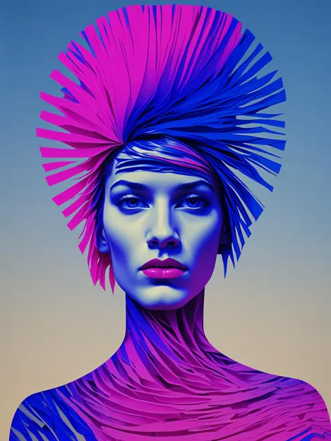 a close up of a woman with a colorful hair and a pink hat